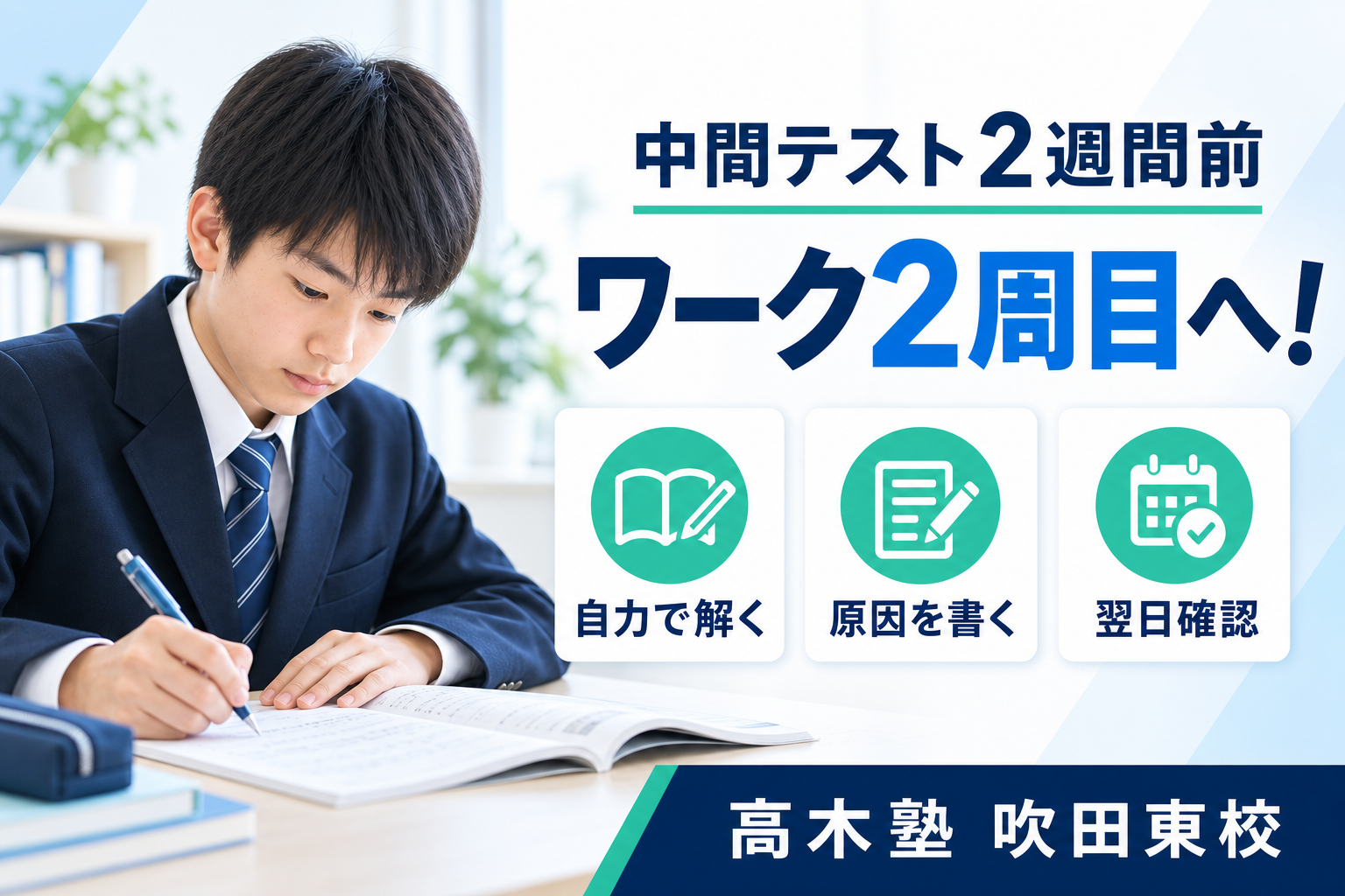 中間テスト2週間前に学校ワーク2周目へ進む高木塾 吹田東校の記事サムネイル