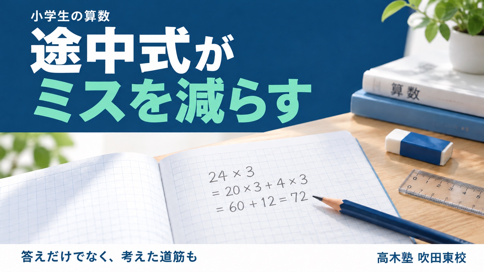 途中式がミスを減らす。答えだけでなく考えた道筋も残そう｜高木塾 吹田東校